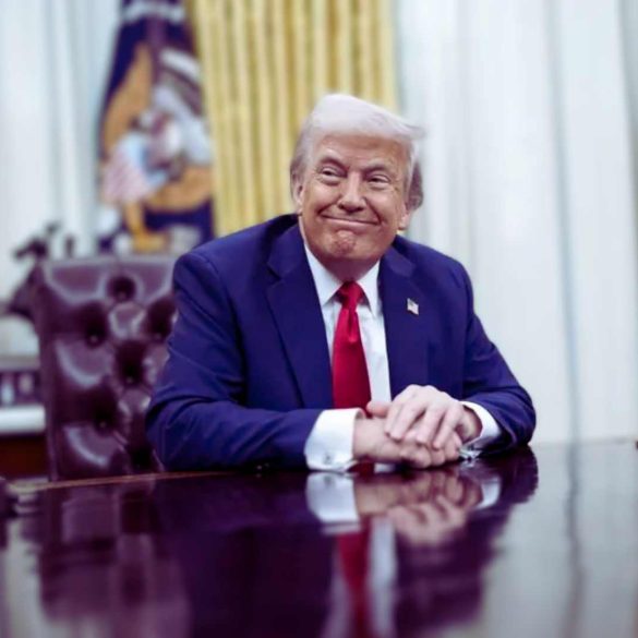trump setting at oval office after signing tariffs executive orders